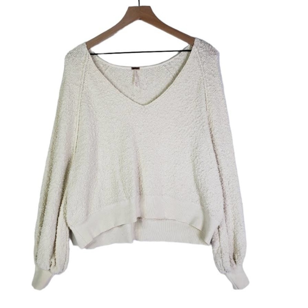 Free People Boucle Textured Pullover S Ivory Slouch Long‎ Sleeve V-Neck
